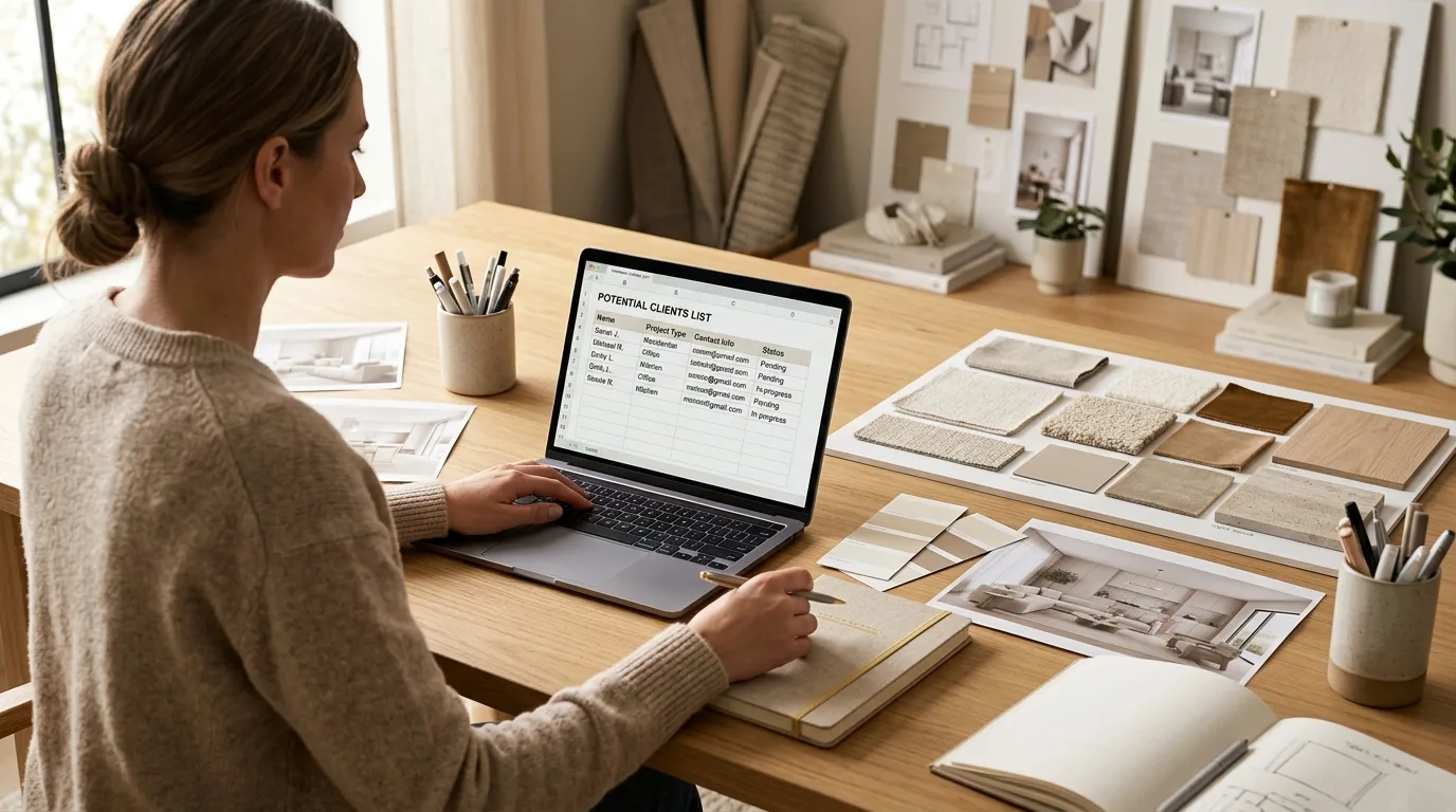 Diseñadora de interiores en su estudio revisando una agenda de clientes potenciales en su laptop, rodeada de muestras de materiales y paletas de color