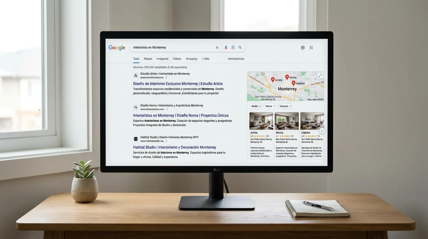 Pantalla de computadora mostrando los resultados de búsqueda de Google para la frase 'interiorista en Monterrey', con tres sitios web posicionados en los primeros lugares y un panel de Google My Business con reseñas de estrellas visibles a la derecha