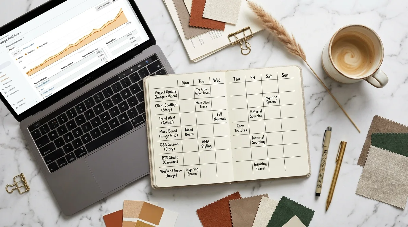 Vista cenital de un escritorio de diseñadora de interiores con cuaderno de notas abierto mostrando un plan de contenidos digital, laptop con tablero de análisis de Google Analytics y taza de café sobre superficie de mármol blanco con vetas grises