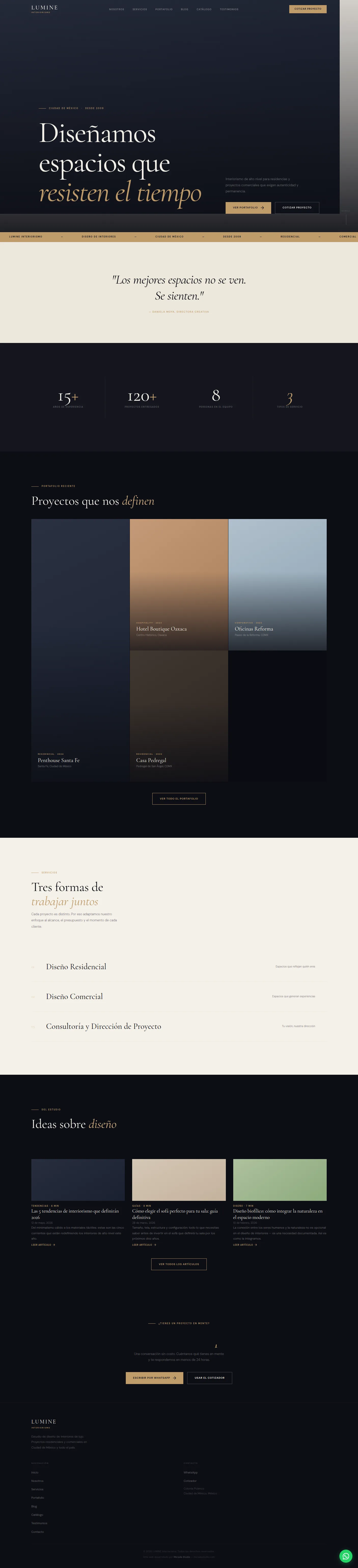 Captura de pantalla completa del demo Estudio: sitio editorial de alto nivel para estudio de interiorismo con catálogo de proyectos, blog SEO y diseño noir dorado