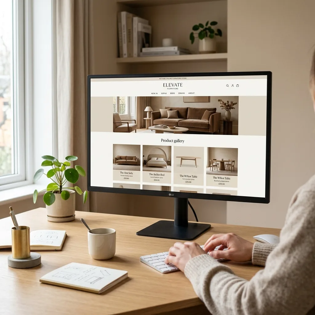 Diseñador web trabajando en el sitio de una mueblería, con pantalla mostrando galería de productos en tonos beige y tipografía serif sobre escritorio ordenado con paleta de colores neutros