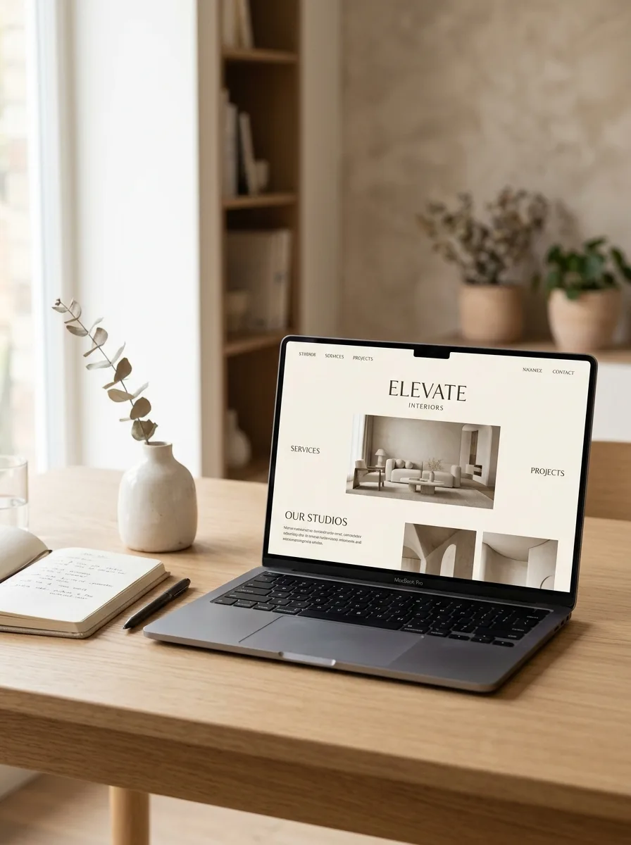 Pantalla de laptop mostrando el diseño de un sitio web moderno para una empresa de interiorismo, sobre un escritorio elegante con paleta de colores neutros en tonos crema y madera clara
