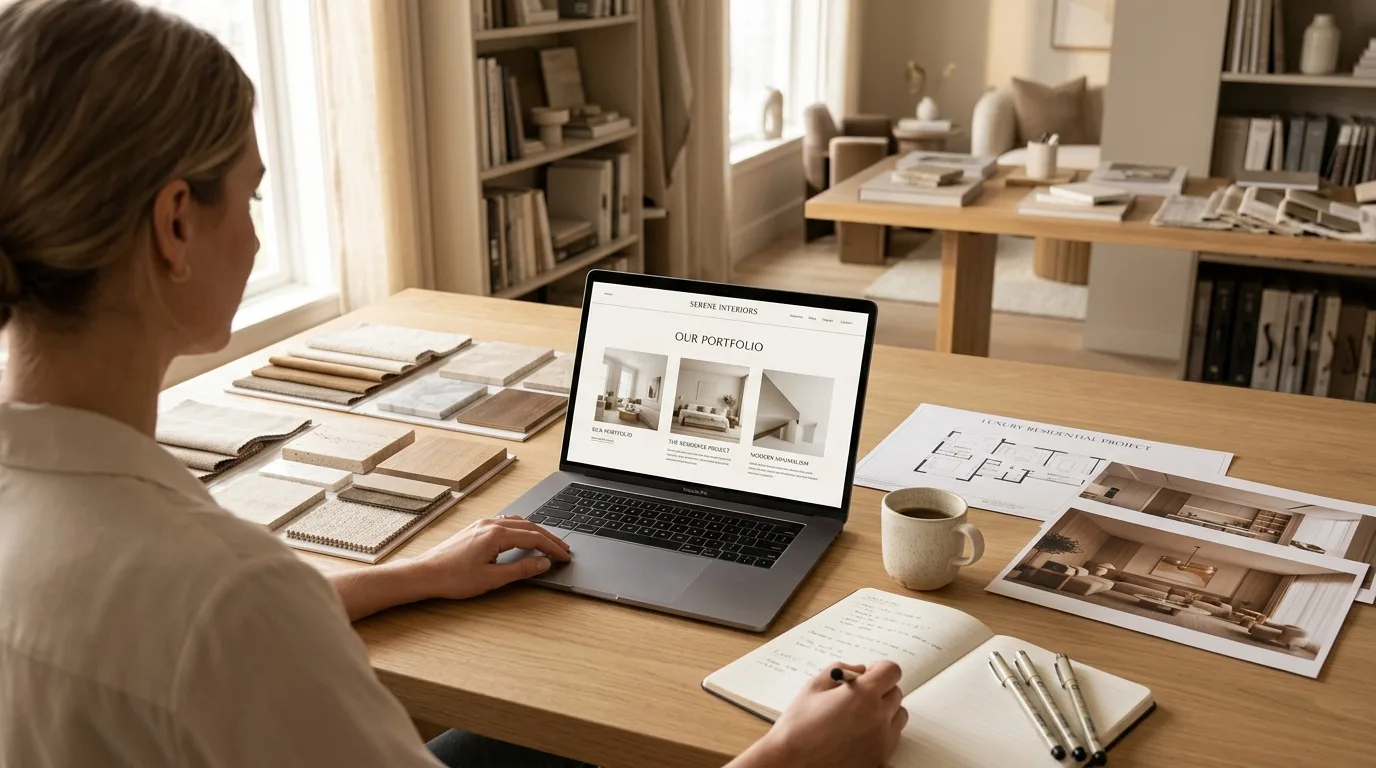 Diseñadora de interiores revisando en su laptop el sitio web de su estudio, con tablero de muestras de materiales sobre la mesa de trabajo