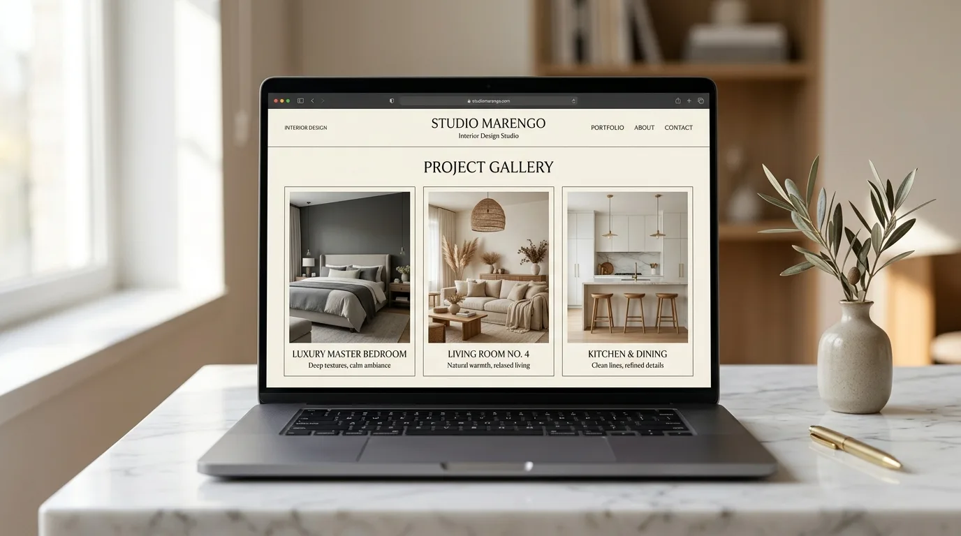Pantalla de laptop mostrando la galería de proyectos de un estudio de interiorismo con tres fichas de proyecto: recámara principal en tono marengo, sala de estar con elementos naturales y cocina abierta de líneas limpias