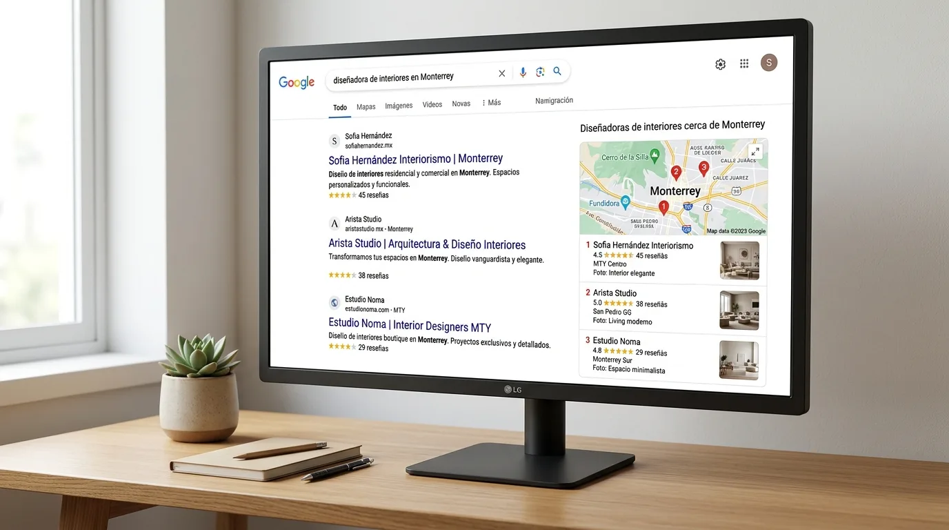 Resultados de búsqueda en Google para la frase 'diseñadora de interiores en Monterrey' con tres sitios web posicionados y mapa de Google My Business mostrando ubicaciones de estudios de diseño